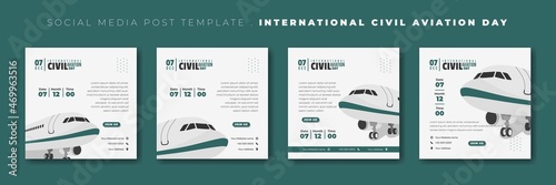 Set of social media post template with airplane vector illustration. International civil aviation day template design.