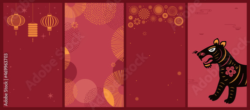 2022 Chinese New Year social media stories template collection with tiger silhouette, lanterns, fireworks, abstract elements. Holiday background design. Hand drawn vector illustration. Flat style.
