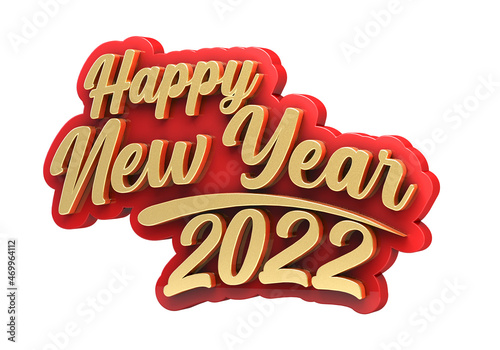 Happy New Year 2022 word in red and golden color isolated on white background. 3d illustration.	