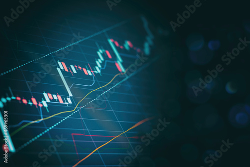 Close up financial chart with uptrend line graph in stock market on defocused blue color bokeh background