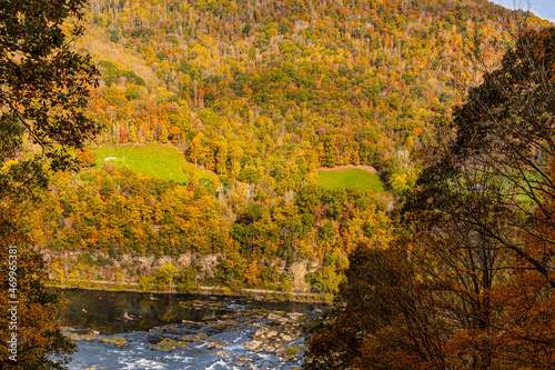 Sandstone Falls With Fall Color From The Sandstone Falls Overlook, New River Gorge National Park, West Virginia, USA