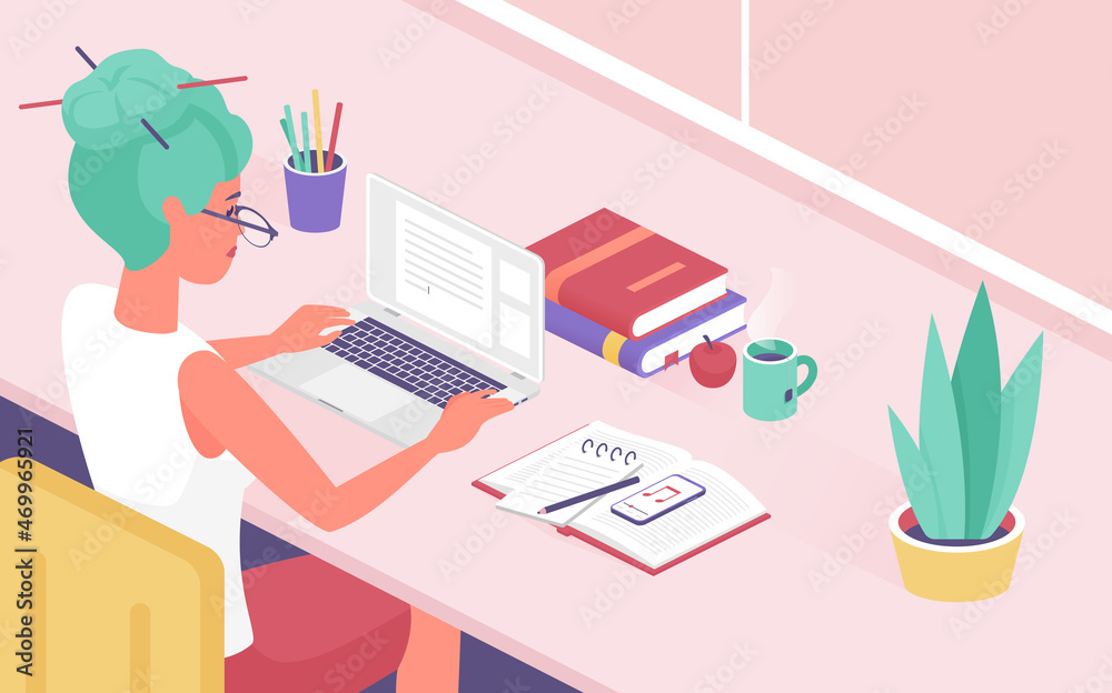 Isometric girl working with laptop vector illustration. Cartoon 3d young business woman character sitting at table to work or study, workspace with books on desk, coffee cup, house plants background Isometric girl working with laptop vector illustration. Cartoon 3d young business woman character sitting at table to work or study, workspace with books on desk, coffee cup, house plants background