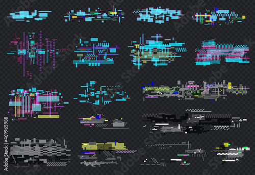 Glitch element set, retro technology vector illustration. Technical problem grunge, pixel texture on tv or computer screen, holographic error code collection with noise on black transparent background