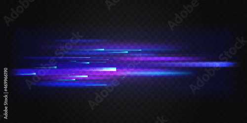 Neon blue light fast motion, speed lines movement abstract fusion effect vector illustration. Futuristic horizontal texture of speedy transportation, graphic action stripes on dark background photo