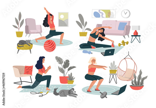 Home Workouts exercising woman vector set. Fitness character training healthy living.