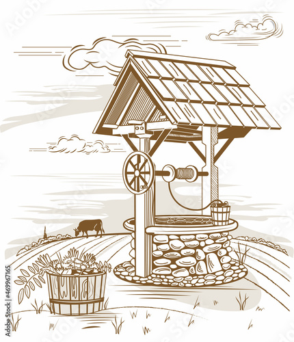 a well in the village with clean water a bucket and a grazing cow