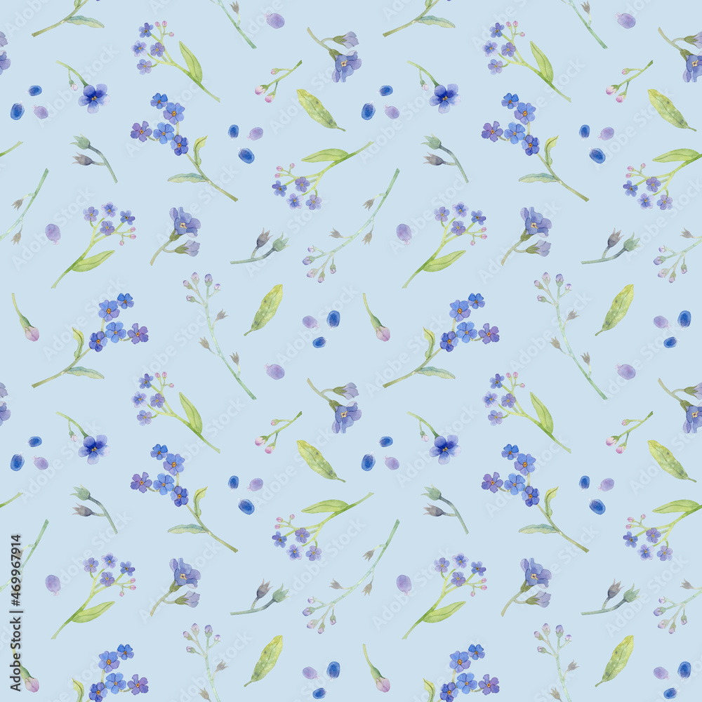 Fototapeta premium Watercolor seamless floral pattern with forget-me-nots and green leaves on blue background. Hand drawn botanical background with blue wildflowers, petals and greenery for textile, prints, wallpapers.