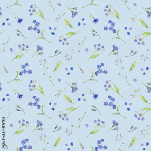 Watercolor seamless floral pattern with forget-me-nots and green leaves on blue background. Hand drawn botanical background with blue wildflowers, petals and greenery for textile, prints, wallpapers.