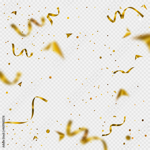 Gold confetti background on transparent background. Realistic 3d confetti template 