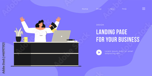 Woman getting money online. Flat vector illustration. Young cartoon woman working online, sitting at desk in front of computer, getting salary. Online accruals, money, freelance for banner design