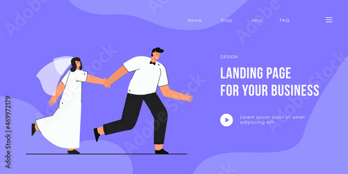 Happy bride and groom running, holding hands. Flat vector illustration. Cartoon woman in white dress and veil with man in white shirt and bow tie, moving forward together. Wedding, family concept