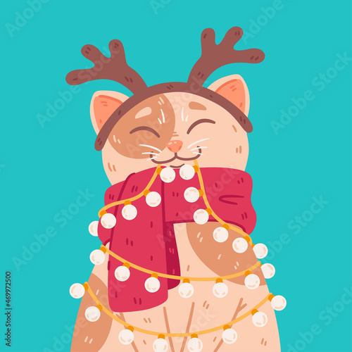 Cat with headband deer horns, warm scarf, light bulbs garland. Merry Christmas and Happy New Year postcard. Cute vector illustration isolated on background. Winter poster with domestic kitty.