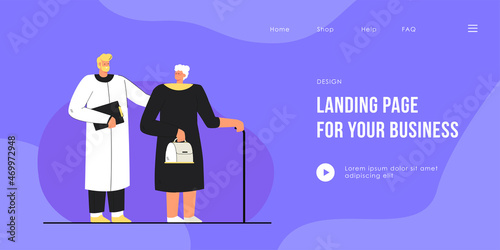 Doctor and elderly woman flat vector illustration. Medicine worker helping woman of age with cane, giving her recommendations, and providing medical treatment. Help, medicine, maturity, care concept