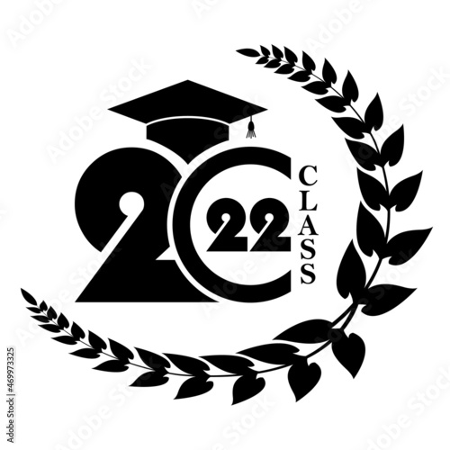 2022 Class of with Graduation Cap and laurel wreath. Cover of card for 2022 graduation.
