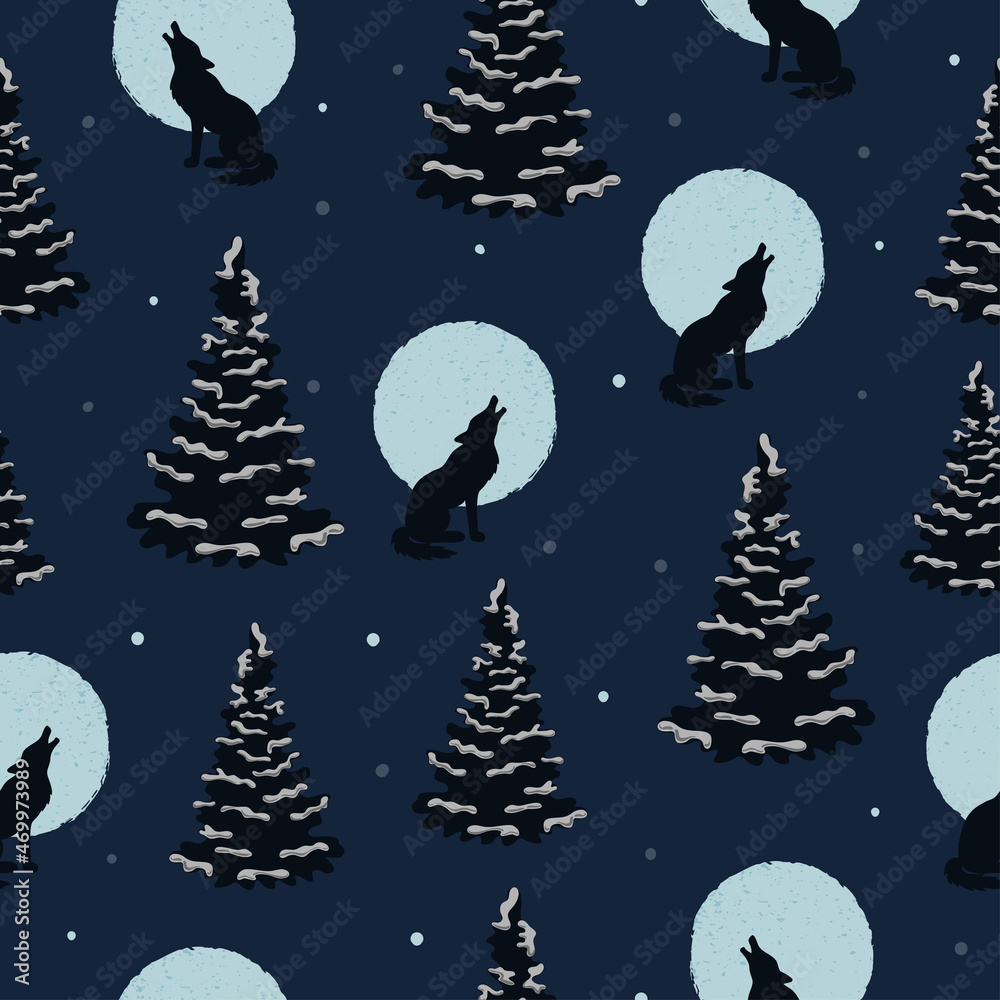Fototapeta premium Seamless wolf and moon pattern. Halloween night forest vector illustration