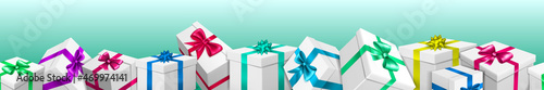 Banner with bunch of white gift boxes with colored ribbons and bows on light blue background. With seamless horizontal repetition