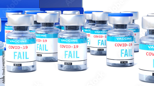 Covid fail - vaccine bottles with an English label Fail that symbolize a big human achievement that may end the fight with the coronavirus pandemic, 3d illustration