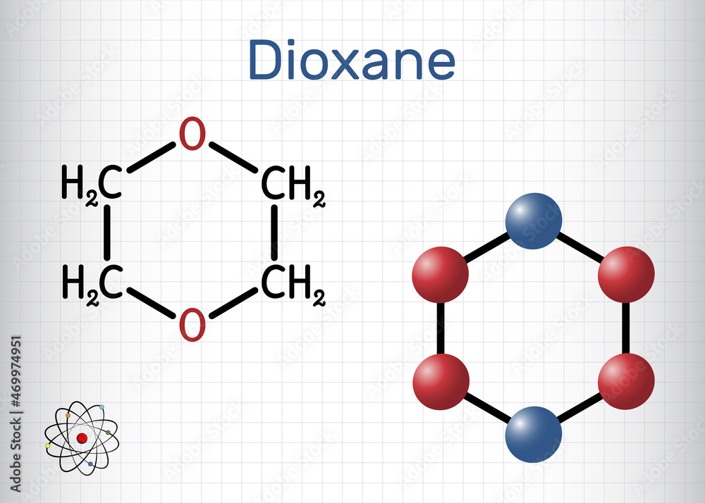 Dioxane (1,4-Dioxane) molecule. It is used primarily as a solvent in the manufacture of chemicals. Structural chemical formula and molecule model. Sheet of paper in a cage Dioxane (1,4-Dioxane) molecule. It is used primarily as a solvent in the manufacture of chemicals. Structural chemical formula and molecule model. Sheet of paper in a cage