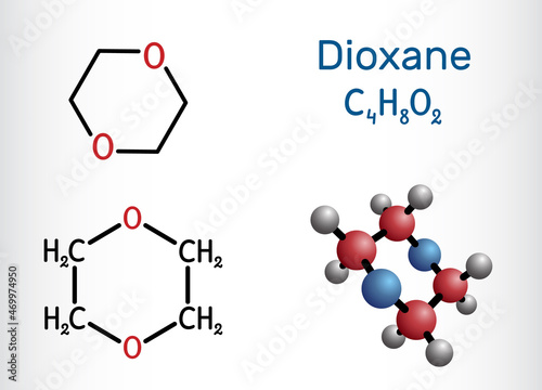 Fototapeta Naklejka Na Ścianę i Meble -  Dioxane (1,4-Dioxane) molecule. It is used primarily as a solvent in the manufacture of chemicals. Structural chemical formula and molecule model.