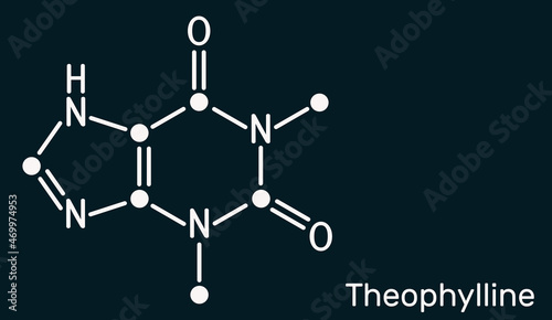 Theophylline, dimethylxanthine molecule. It is purine alkaloid, xanthine derivative. Vasodilator, antiinflammatory drug. Skeletal chemical formula, dark blue background photo