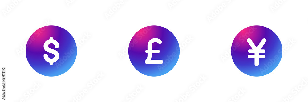 Set of 3 currency symbols on purple gradient background. Dollar , British pound and Yen icons. Set of 3 currency symbols on purple gradient background. Dollar , British pound and Yen icons.