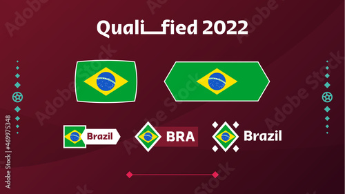 Set of brazil flag and text on 2022 football tournament background. Vector illustration Football Pattern for banner, card, website. national flag Brazil qatar 2022, world cup 