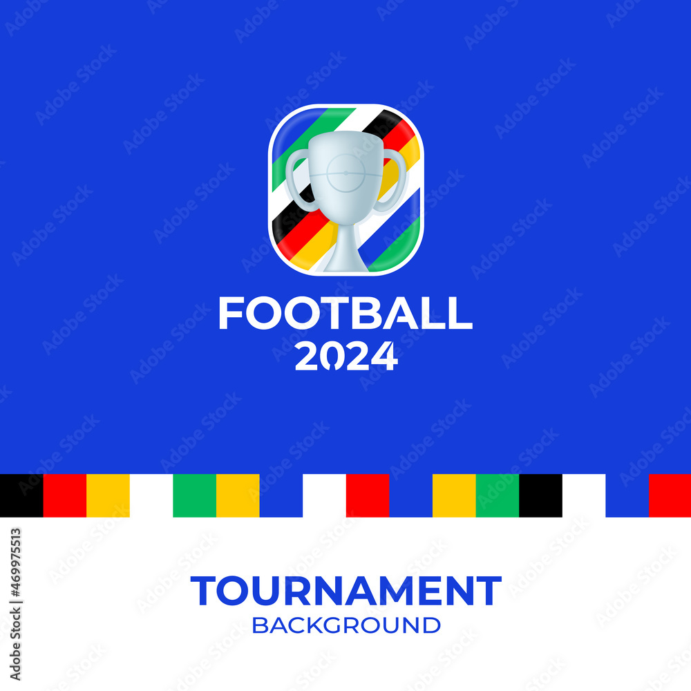 2024 football championship vector logo. Football or soccer euro 2024 logotype emblem on not official blue background with country flag colourful lines. Sport football logo with cup trophy.