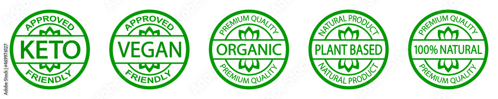 Set of stamps: keto, vegan, organic, plant based, 100% natural. Premium quality logo badge. Ketogenic diet approved.