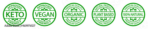 Set of stamps: keto, vegan, organic, plant based, 100% natural. Premium quality logo badge. Ketogenic diet approved.