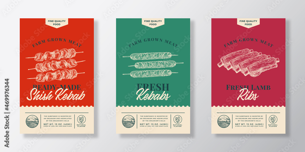 Meat Abstract Vector Packaging Labels Design Set. Modern Typography Banner, Hand Drawn Kebab, Shish Kebab and Lambs Ribs Sketch Silhouettes. Color Paper Background Layouts Collection Isolated Meat Abstract Vector Packaging Labels Design Set. Modern Typography Banner, Hand Drawn Kebab, Shish Kebab and Lambs Ribs Sketch Silhouettes. Color Paper Background Layouts Collection Isolated