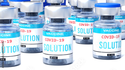 Covid solution - vaccine bottles with an English label Solution that symbolize a big human achievement that may end the fight with the coronavirus pandemic, 3d illustration
