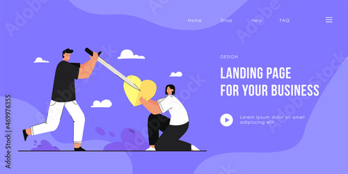 Young man broking heart that girl holding. Flat vector illustration. Cartoon guy striking woman heart with sword and hurting her..Betrayal, breakup, relationship, love concept for banner design