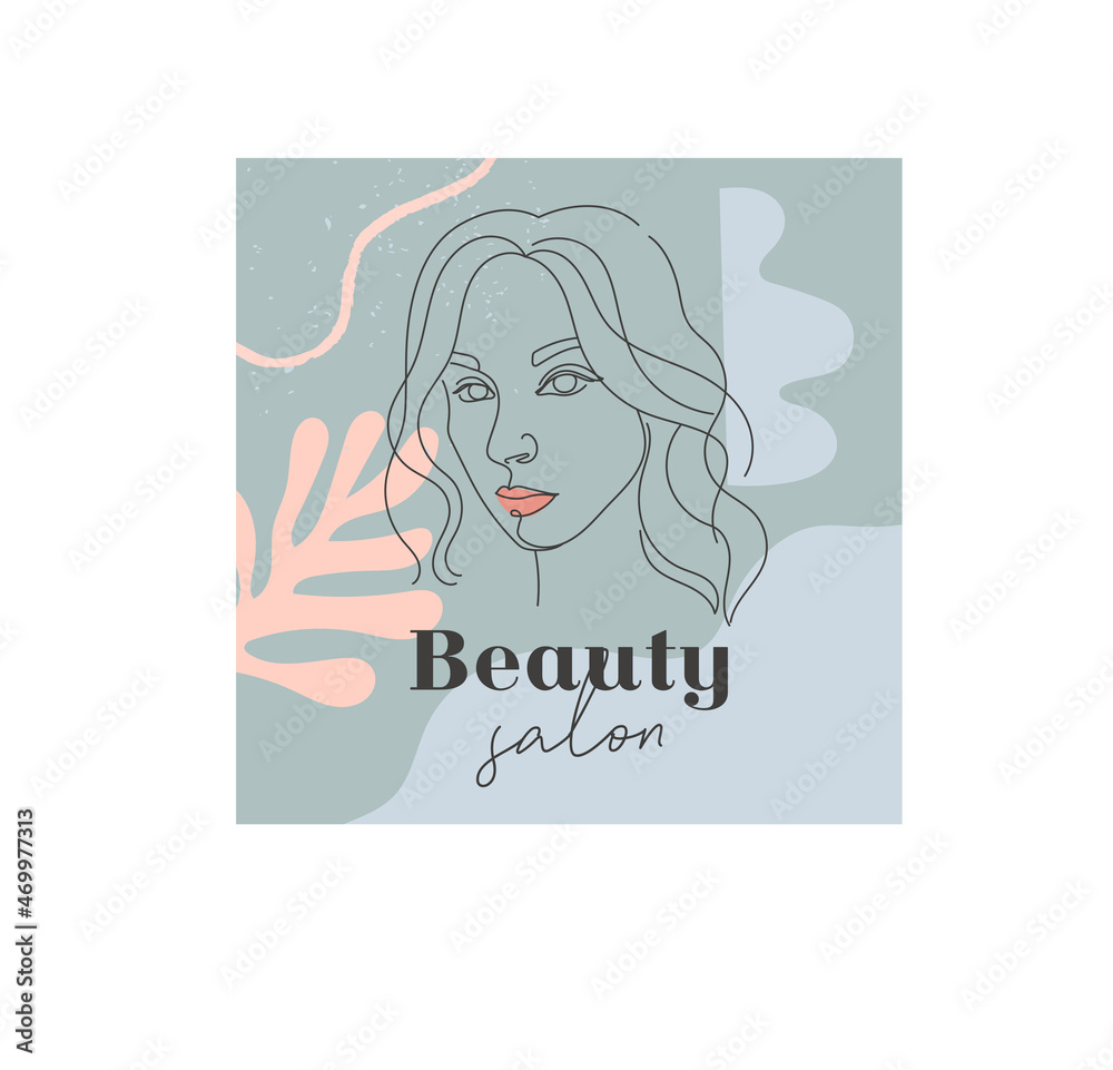 Beauty Studio template. Colorful blue poster with abstract figures, leaves and portrait of beautiful girl. Design element for social networks and salons. Cartoon modern flat vector illustration