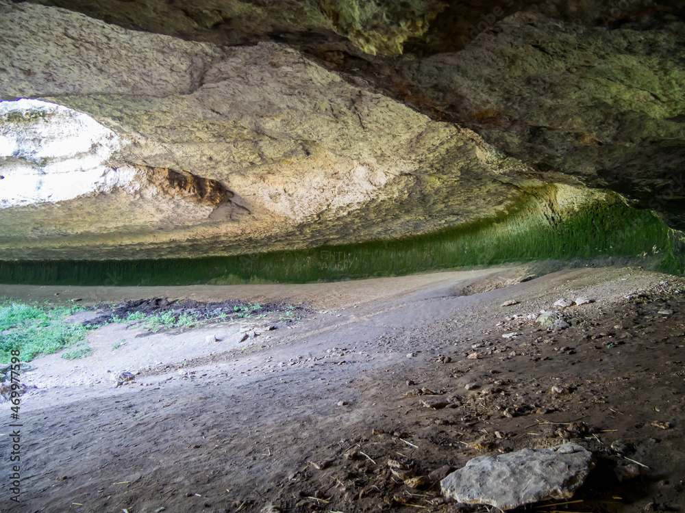 Cave of Neanderthals under a canopy in Krasnaya Balka (White Rock), Belogorsk, Crimea