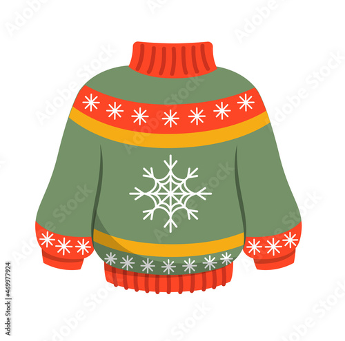Colorful Christmas Sticker. Warm knitted sweater with snowflakes. Clothing for winter holidays. Design element for New Year poster. Cartoon flat vector illustration isolated on white background