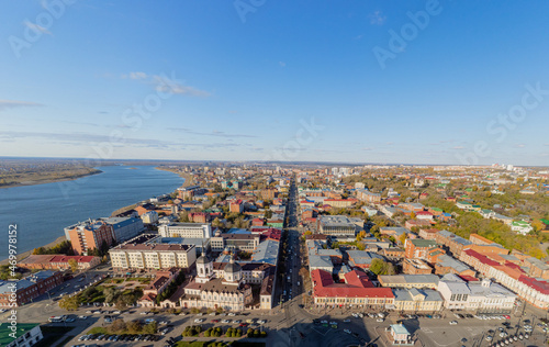 Modern city in Russia from aerial view. Tomsk, Siberia