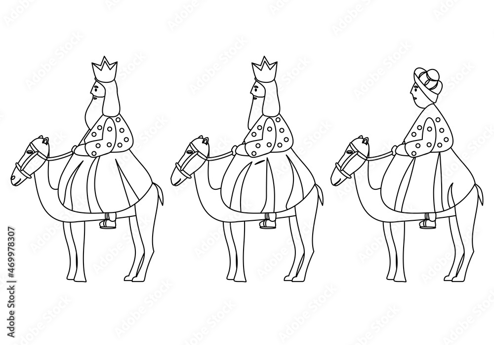 Los tres reyes magos montados en los camellos en trazo negro sobre fondo  blanco. Dibujo para pintar de los tres reyes magos vector de Stock | Adobe  Stock