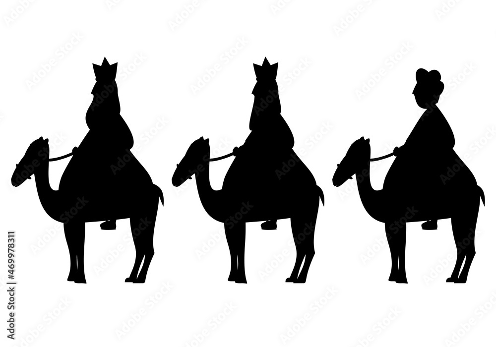 Silueta negra de los Tres Reyes Magos montados en los camellos sobre fondo blanco - obrazy, fototapety, plakaty 