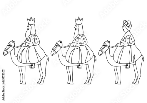 Los tres reyes magos montados en los camellos en trazo negro sobre fondo blanco. Dibujo para pintar de los tres reyes magos photo