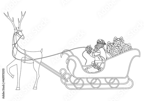 Papá Noel o Santa Claus montado en el trineo tirado del reno en trazo negro sobre fondo blanco. Dibujo de Papá Noel para pintal photo