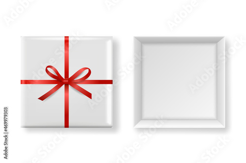 Vector 3d Realistic Closed, Opened Paper White Christmas Gift Box, Red Bow Isolated. New Year, Christmas, Valentine Day or Anniversary Concept. Design Template of Christmas Present Packing. Top View