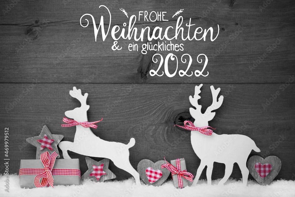 Gift, Deer, Heart, Snow, Glueckliches 2022 Means Happy 2022, Gray Background