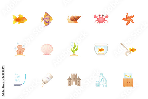 Aquarium equipment colorful web icons set. Vector gradient pet shop pictograms collection. Pack for online store with signs of fish care, cute snail, algae, coral, starfish, crab and seashell
