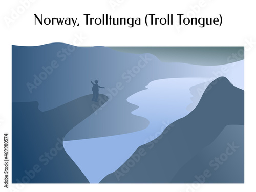 Troll Tongue rock in silhouette. Nature Of Norway. Hiker  with outstretched arms stands on Trolltunga mountain. Copy space. Vector illustration. Isolated on white background