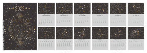 Vector vertical year 2022 loose leaf celestial calendar with ornate golden zodiac circle and stars on a cover. A3, A2 twelve months planner with horoscope constellations and astronomical symbols.