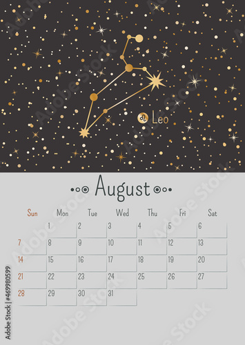 Vector vertical August 2022 calendar with golden zodiac constellation and stars on a black background. A3, A2 poster with horoscope Leo sign. Planner with linear illustration and dates of one month