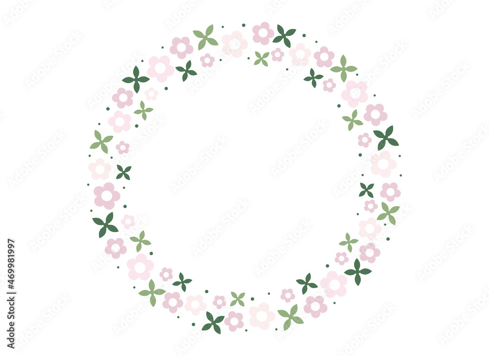 Floral wreath of pink flowers and green leaves. Round botanical frame. Flat decorative element in pastel colors. Circle of flowers. Easter frame