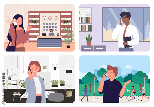 People call and talk mobile phone set vector illustration. Cartoon business person calling from office, woman talking cellphone at home, student walking during conversation, girl in hotel reception