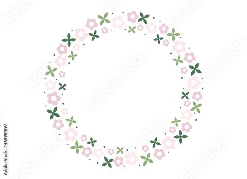 Floral wreath of pink flowers and green leaves. Round botanical frame. Flat decorative element in pastel colors. Circle of flowers. Easter frame
