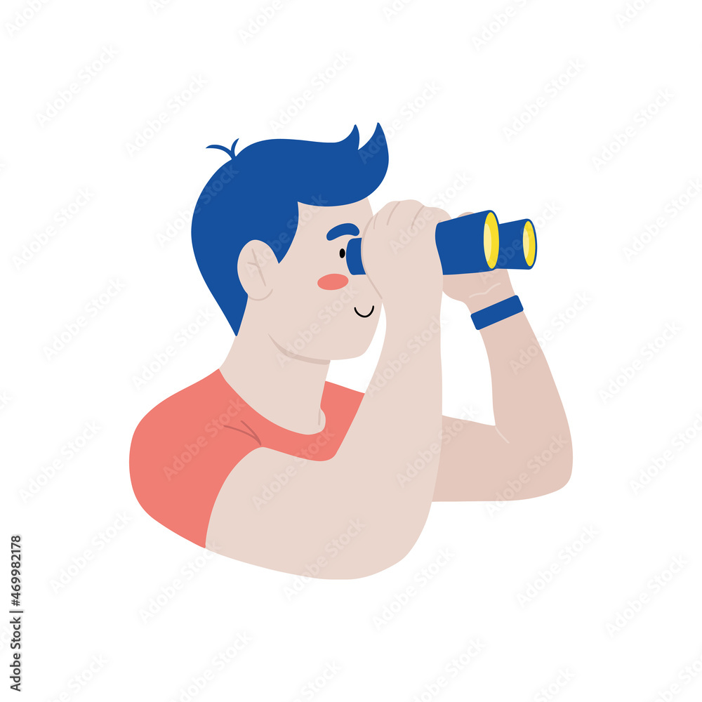 Young man looking on to something through binoculars isolated vector illustration Young man looking on to something through binoculars isolated vector illustration
